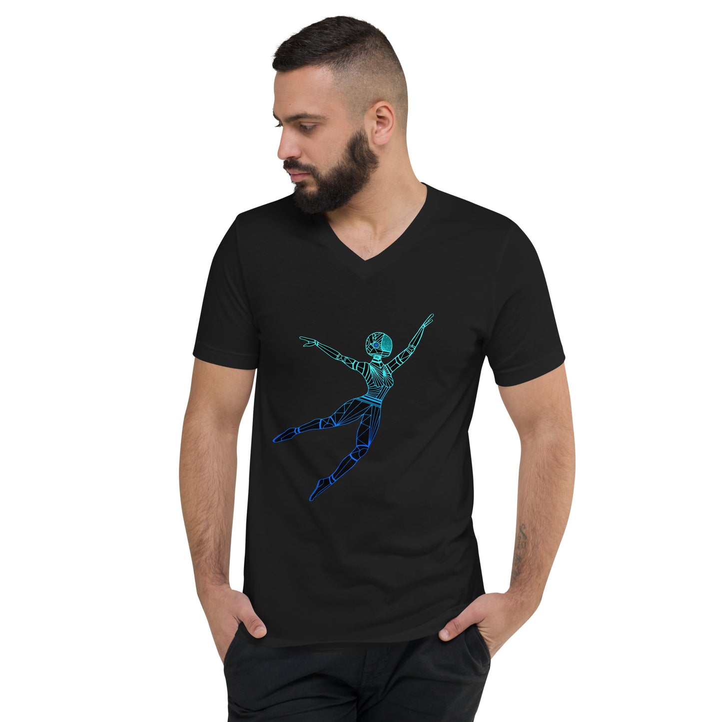 Afrobotica Leap Blue Unisex Short Sleeve V-Neck T-Shirt